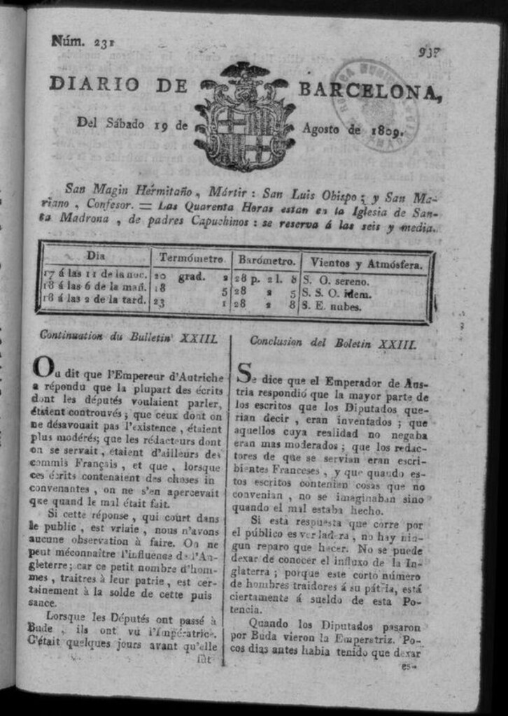 Miniatura de Diario de Barcelona del sábado 19 de agosto de 1809