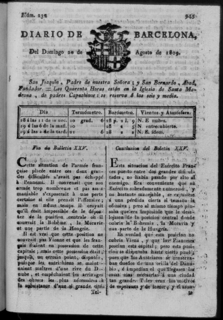Miniatura de Diario de Barcelona del domingo 20 de agosto de 1809