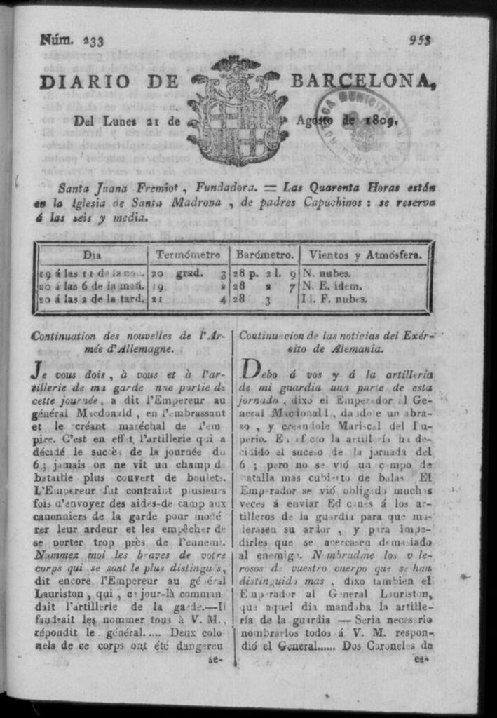 Miniatura de Diario de Barcelona del lunes 21 de agosto de 1809