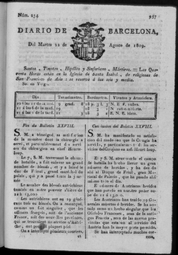 Miniatura de Diario de Barcelona del martes 22 de agosto de 1809