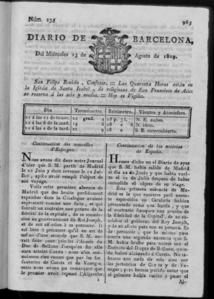 Miniatura de Diario de Barcelona del miércoles 23 de agosto de 1809