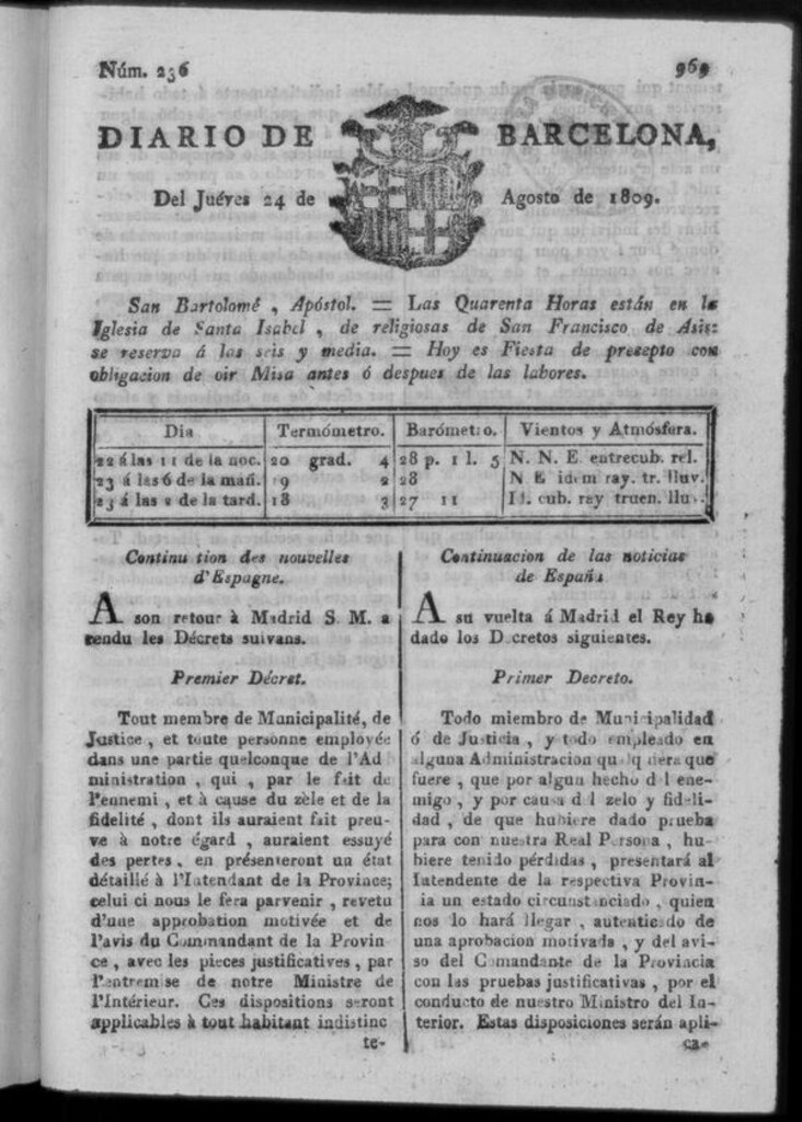Miniatura de Diario de Barcelona del jueves 24 de agosto de 1809