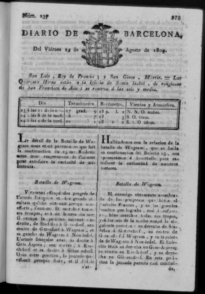 Miniatura de Diario de Barcelona del viernes 25 de agosto de 1809