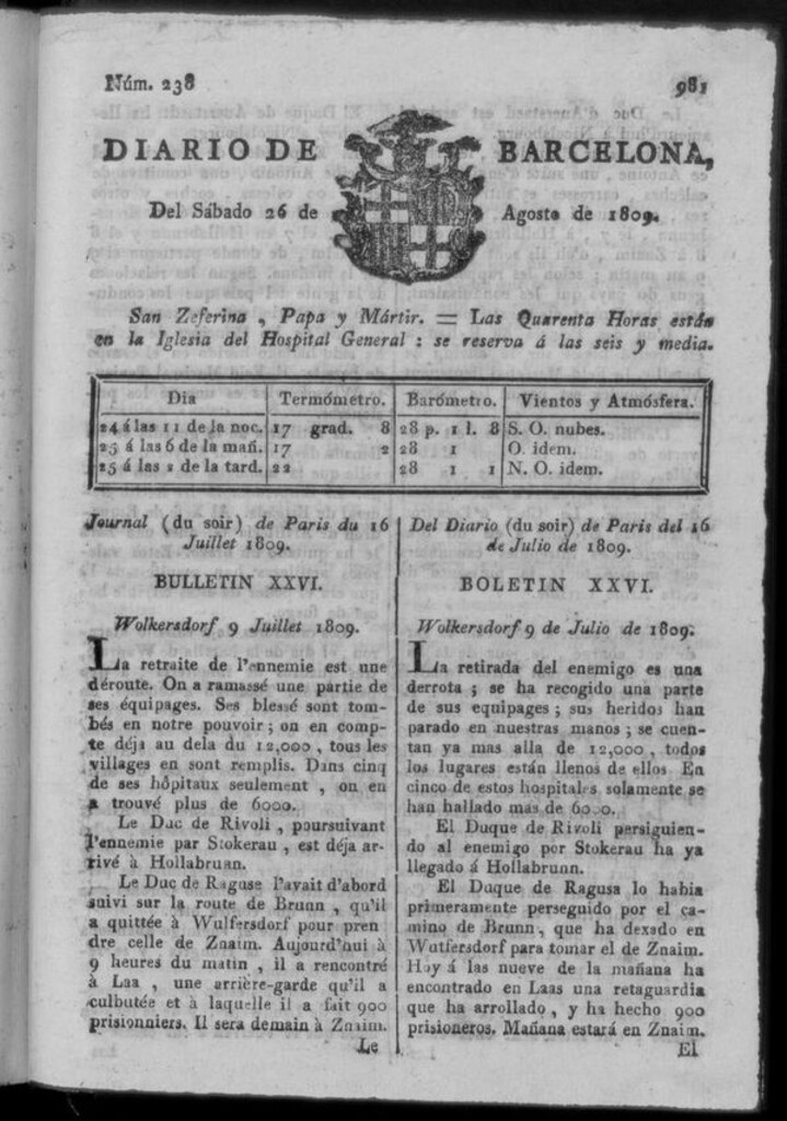 Miniatura de Diario de Barcelona del sábado 26 de agosto de 1809