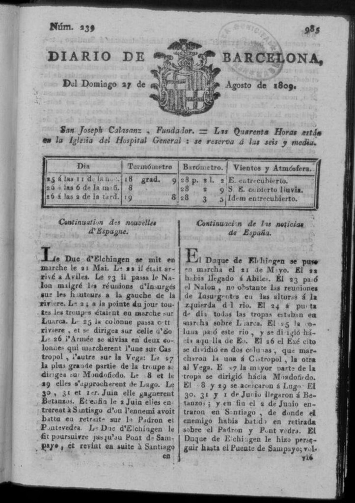Miniatura de Diario de Barcelona del domingo 27 de agosto de 1809