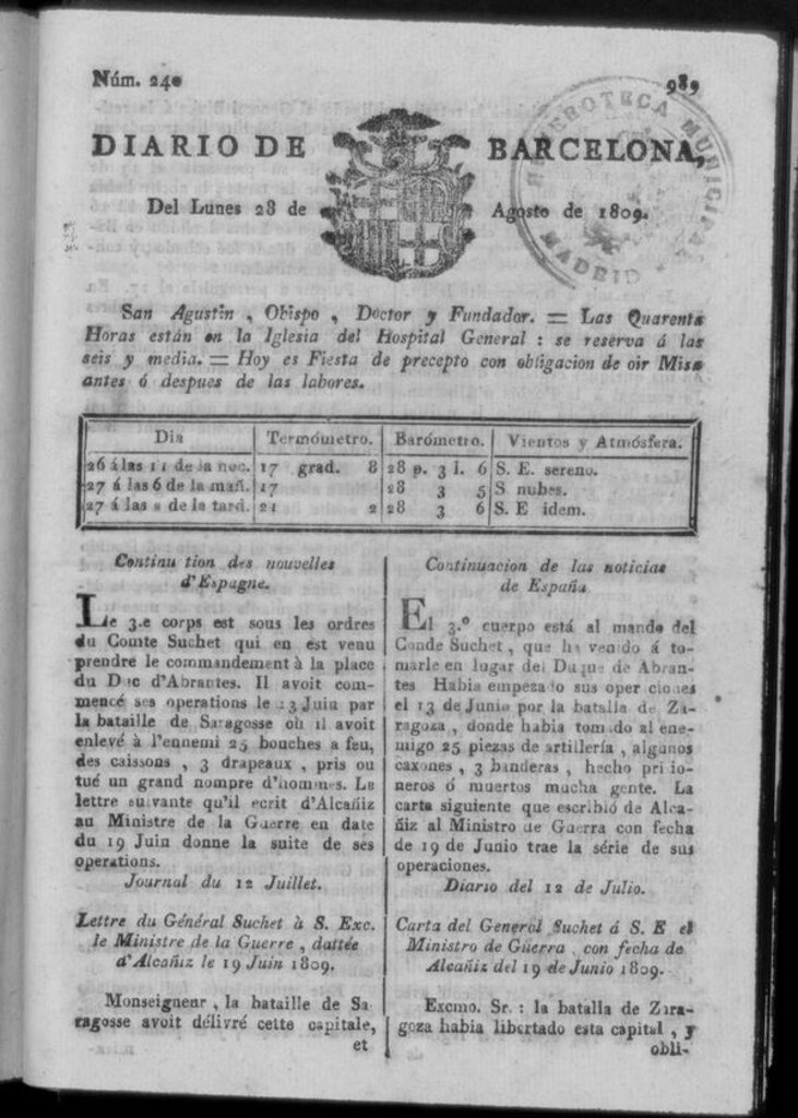 Miniatura de Diario de Barcelona del lunes 28 de agosto de 1809