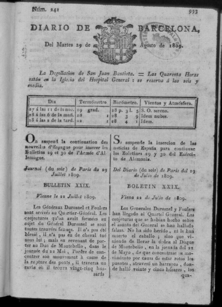 Miniatura de Diario de Barcelona del martes 29 de agosto de 1809