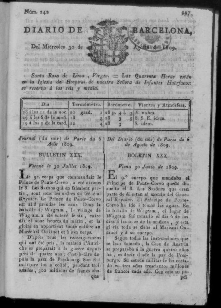 Miniatura de Diario de Barcelona del miércoles 30 de agosto de 1809