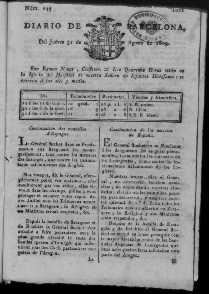 Miniatura de Diario de Barcelona del jueves 31 de agosto de 1809