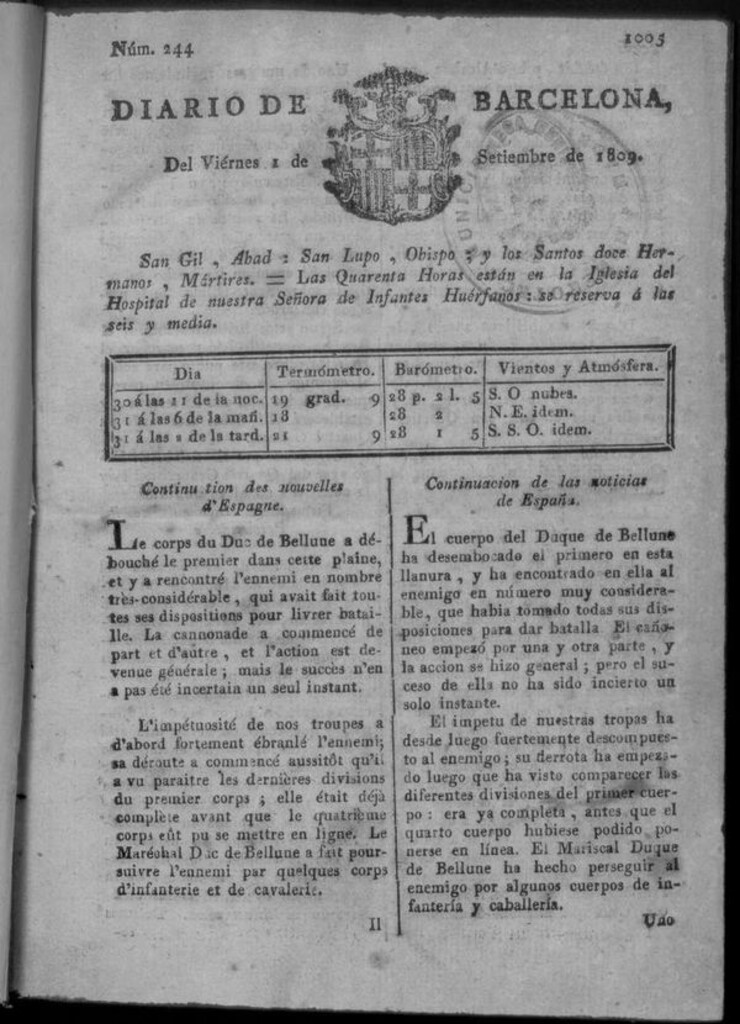 Miniatura de Diario de Barcelona del viernes 1 de septiembre de 1809