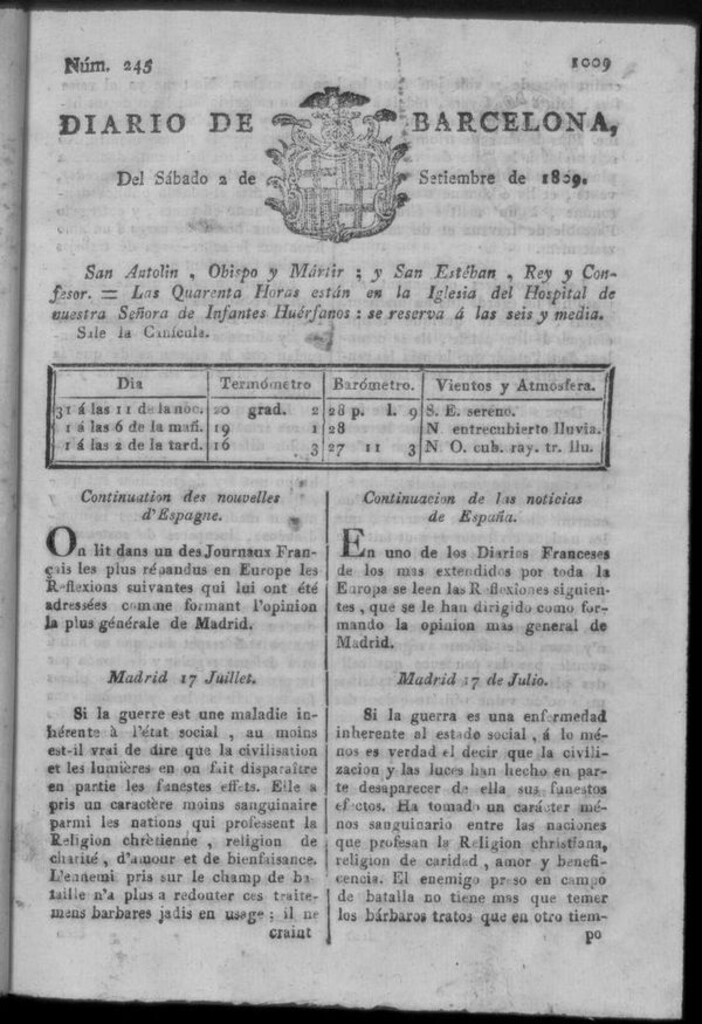 Miniatura de Diario de Barcelona del sábado 2 de septiembre de 1809