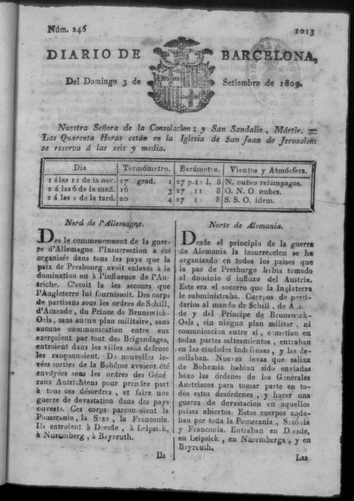 Miniatura de Diario de Barcelona del domingo 3 de septiembre de 1809