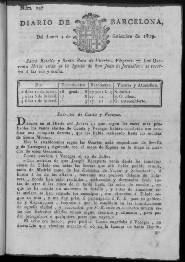 Miniatura de Diario de Barcelona del lunes 4 de septiembre de 1809
