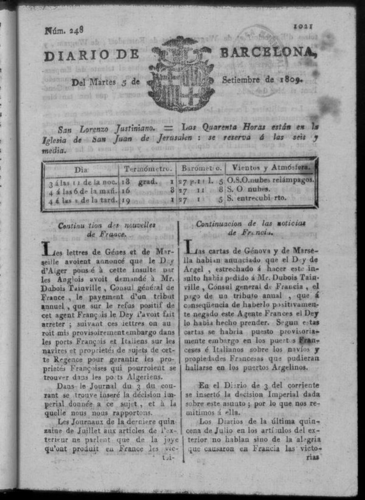 Miniatura de Diario de Barcelona del martes 5 de septiembre de 1809