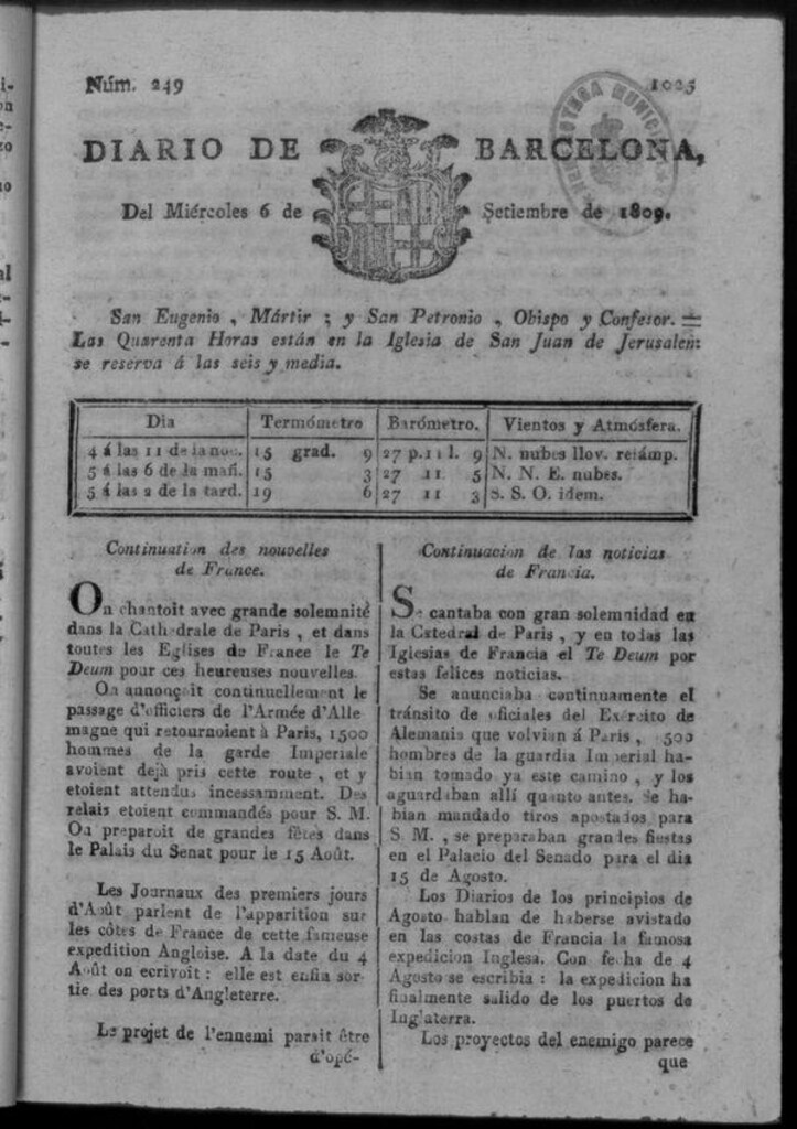 Miniatura de Diario de Barcelona del miércoles 6 de septiembre de 1809