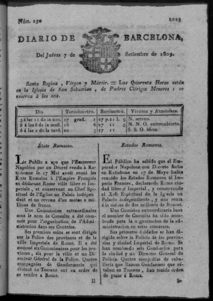 Miniatura de Diario de Barcelona del jueves 7 de septiembre de 1809