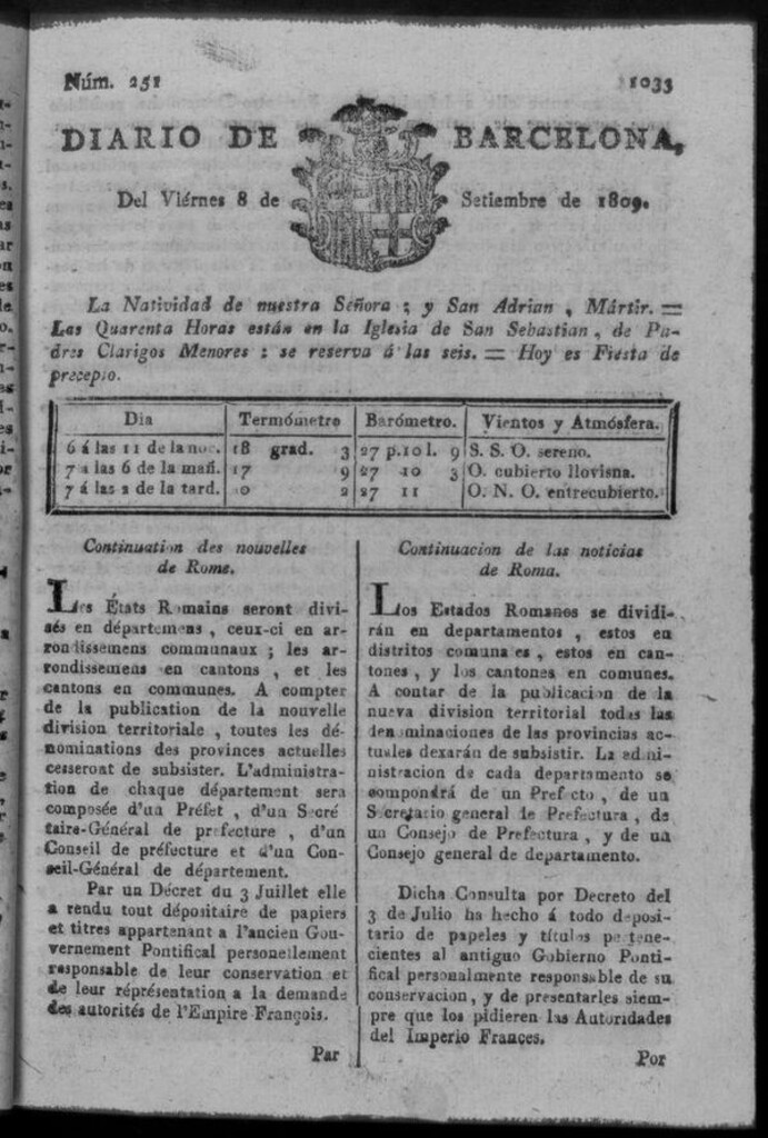Miniatura de Diario de Barcelona del viernes 8 de septiembre de 1809