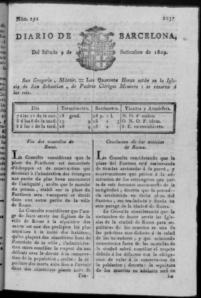 Miniatura de Diario de Barcelona del sábado 9 de septiembre de 1809