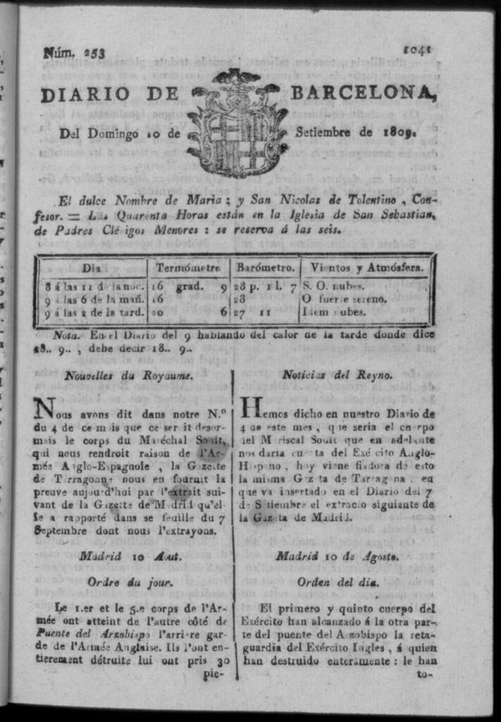 Miniatura de Diario de Barcelona del domingo 10 de septiembre de 1809