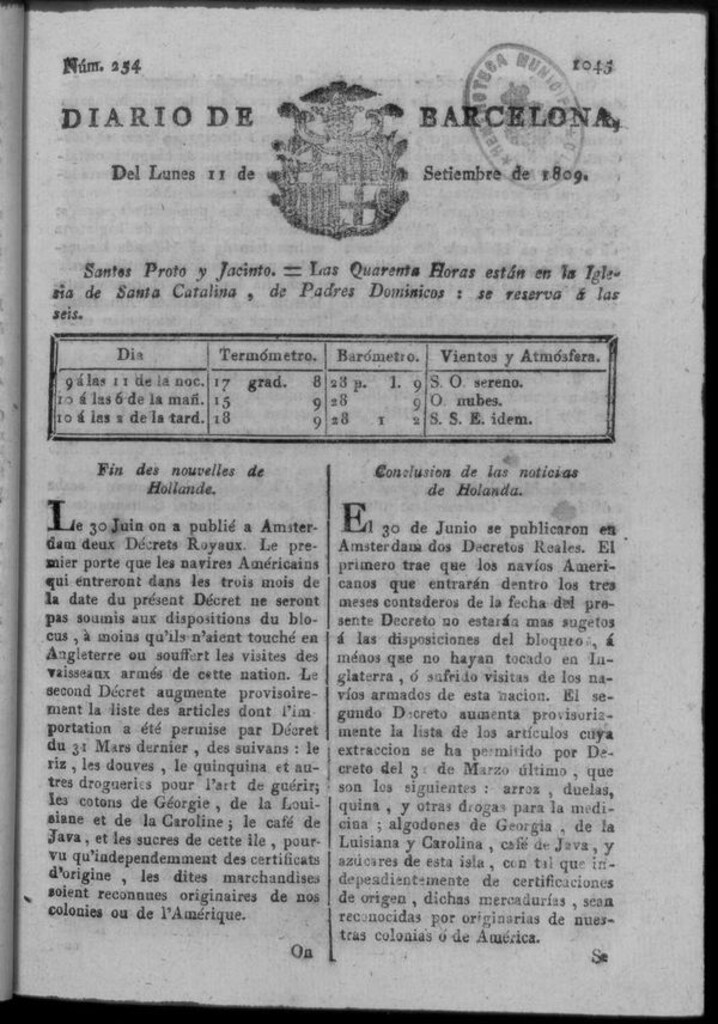 Miniatura de Diario de Barcelona del lunes 11 de septiembre de 1809