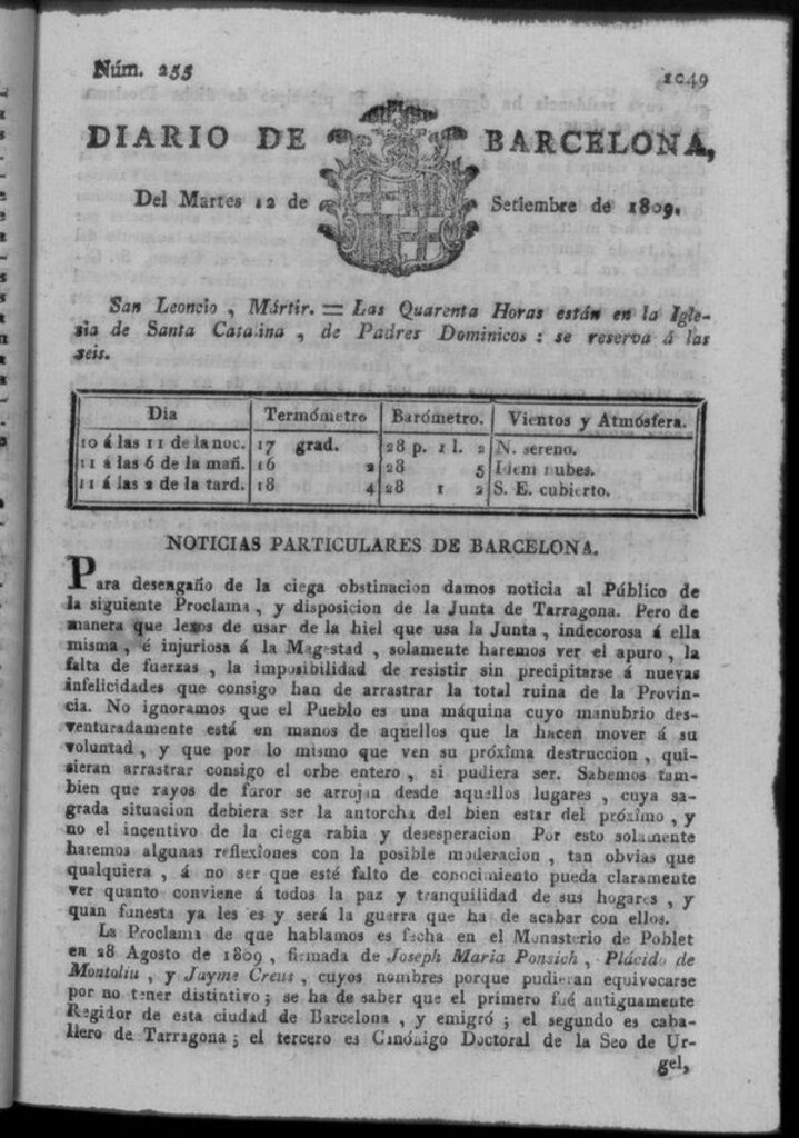 Miniatura de Diario de Barcelona del martes 12 de septiembre de 1809