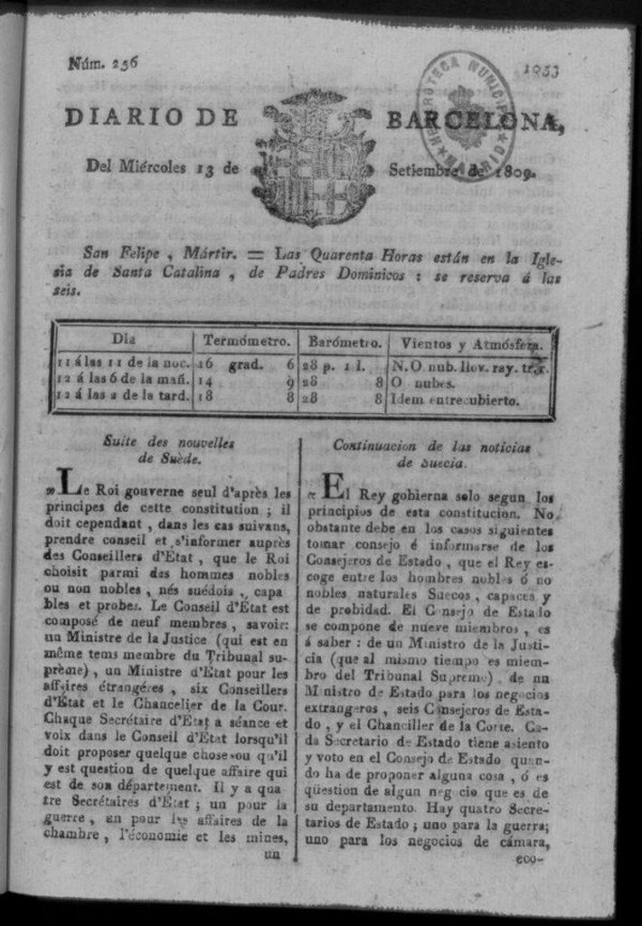 Miniatura de Diario de Barcelona del miércoles 13 de septiembre de 1809