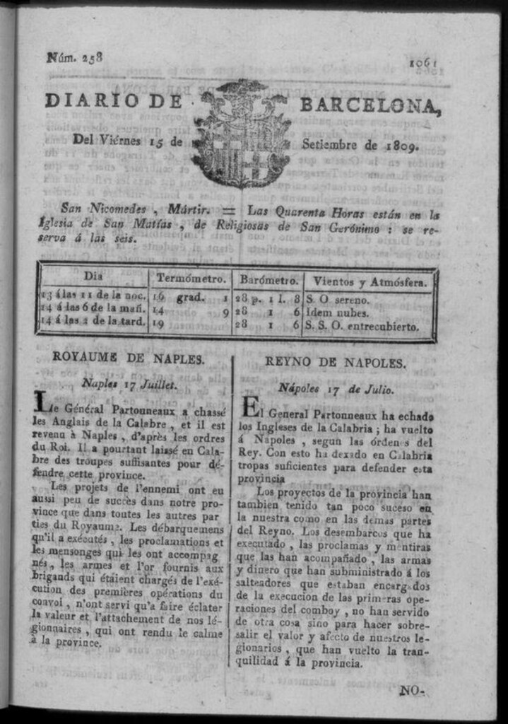 Miniatura de Diario de Barcelona del viernes 15 de septiembre de 1809
