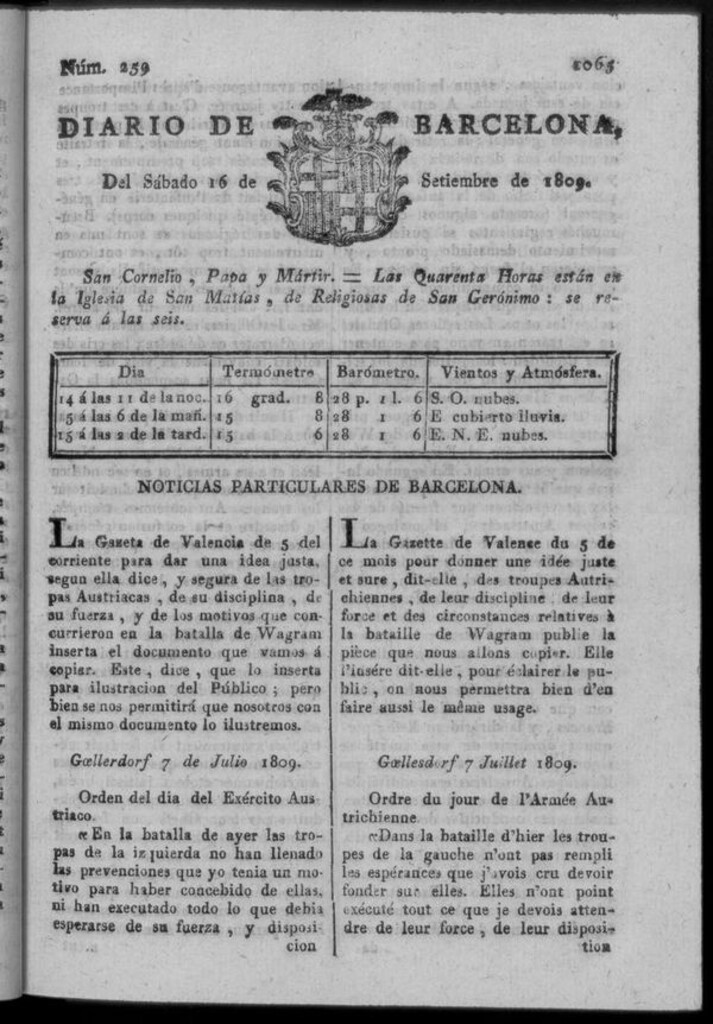 Miniatura de Diario de Barcelona del sábado 16 de septiembre de 1809