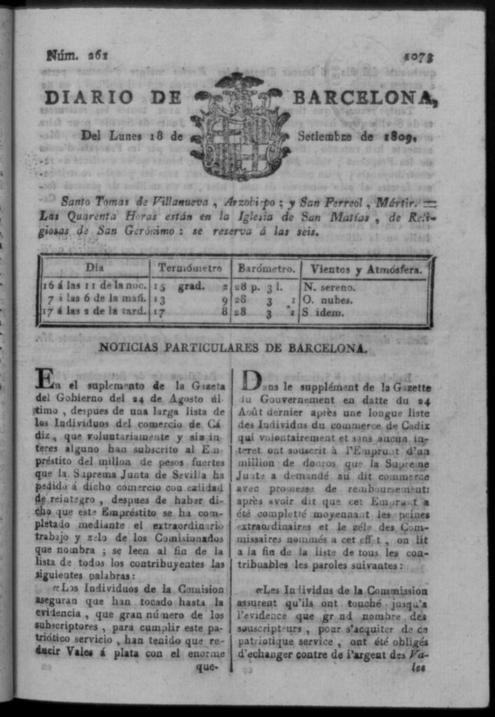 Miniatura de Diario de Barcelona del lunes 18 de septiembre de 1809