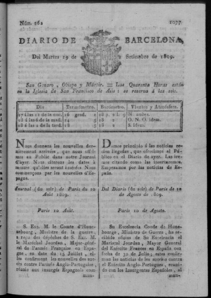 Miniatura de Diario de Barcelona del martes 19 de septiembre de 1809