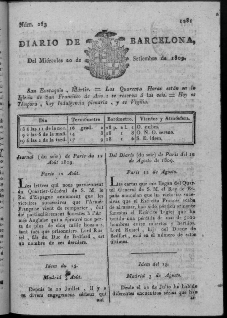 Miniatura de Diario de Barcelona del miércoles 20 de septiembre de 1809
