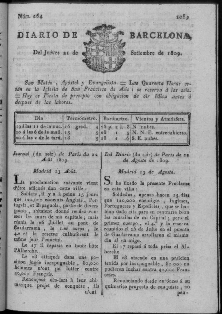 Miniatura de Diario de Barcelona del jueves 21 de septiembre de 1809