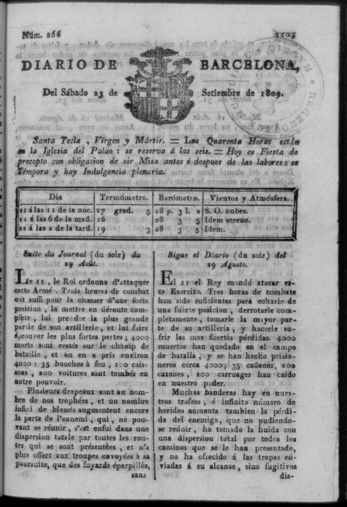 Miniatura de Diario de Barcelona del sábado 23 de septiembre de 1809