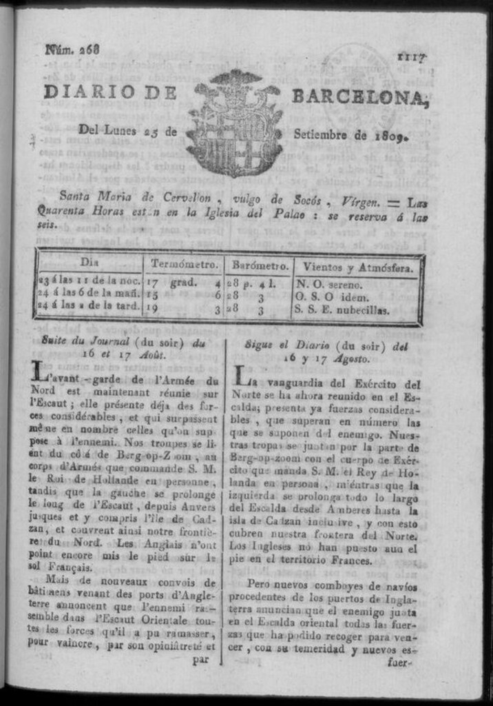 Miniatura de Diario de Barcelona del lunes 25 de septiembre de 1809