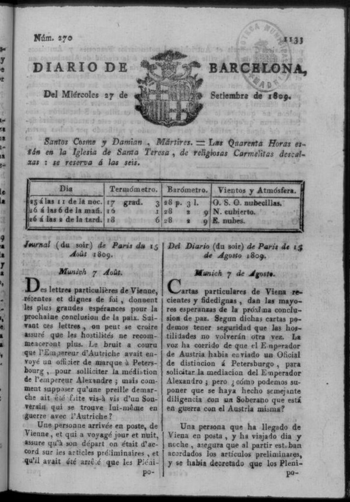 Miniatura de Diario de Barcelona del miércoles 27 de septiembre de 1809