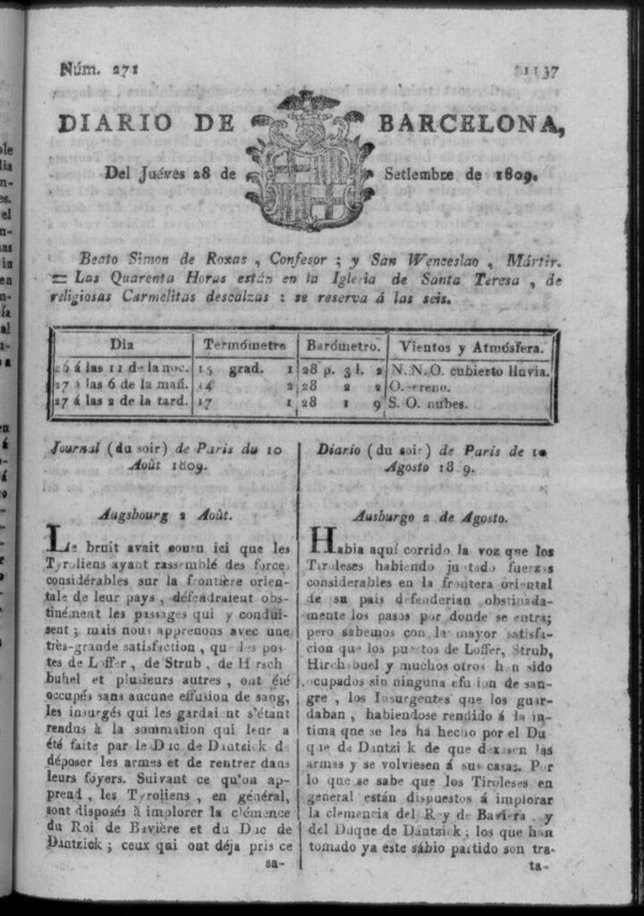Miniatura de Diario de Barcelona del jueves 28 de septiembre de 1809