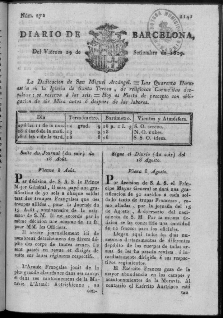 Miniatura de Diario de Barcelona del viernes 29 de septiembre de 1809