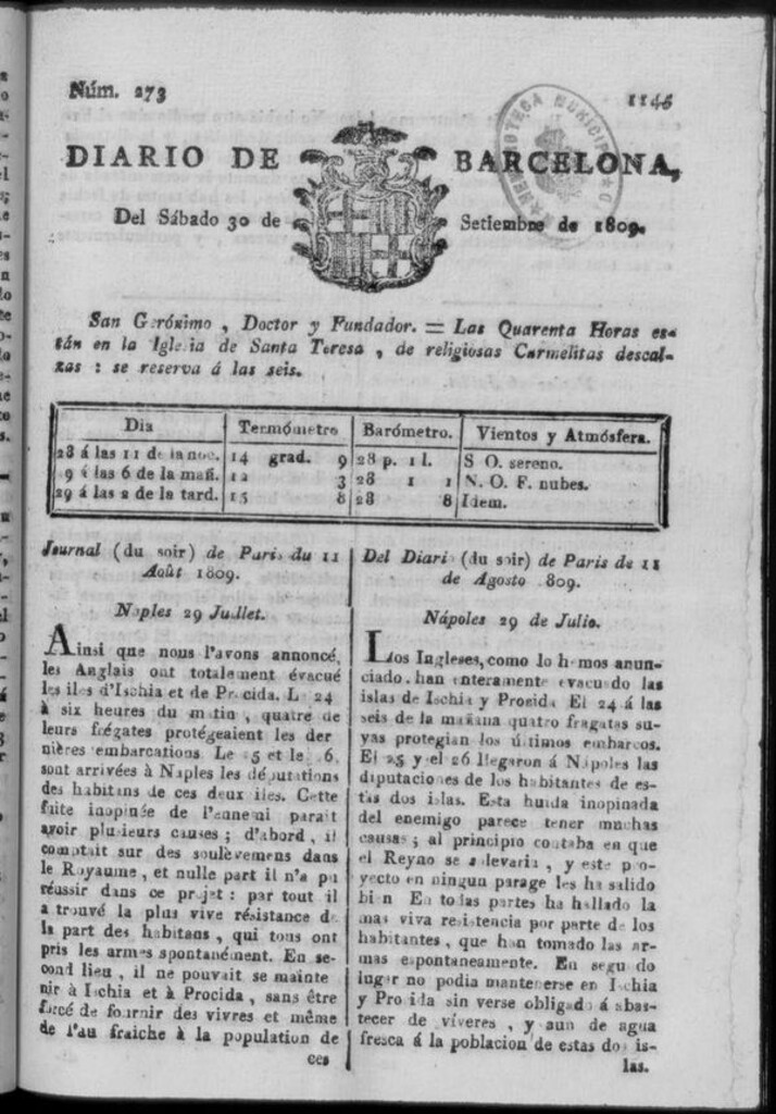 Miniatura de Diario de Barcelona del sábado 30 de septiembre de 1809