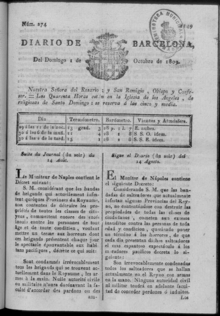 Miniatura de Diario de Barcelona del domingo 1 de octubre de 1809