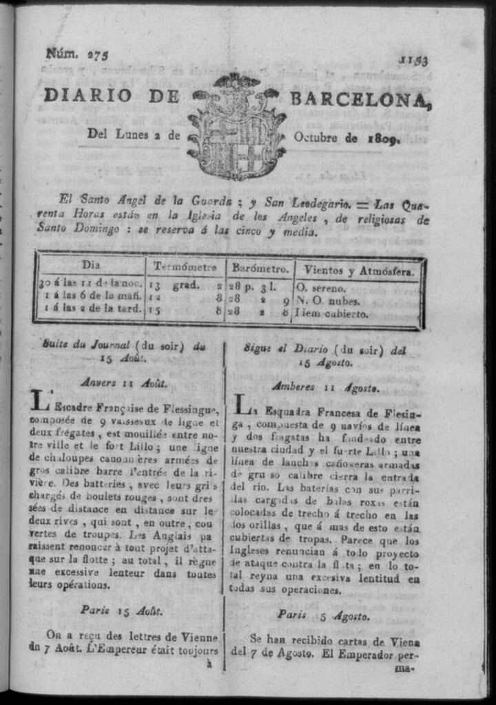 Miniatura de Diario de Barcelona del lunes 2 de octubre de 1809