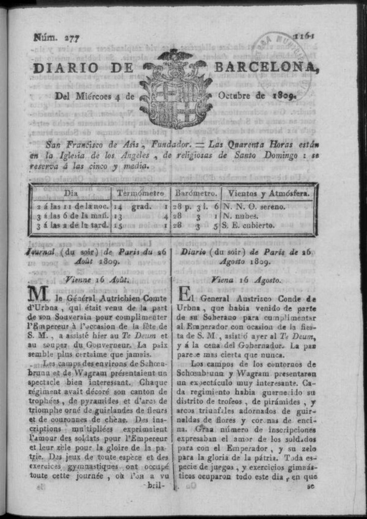Miniatura de Diario de Barcelona del miércoles 4 de octubre de 1809