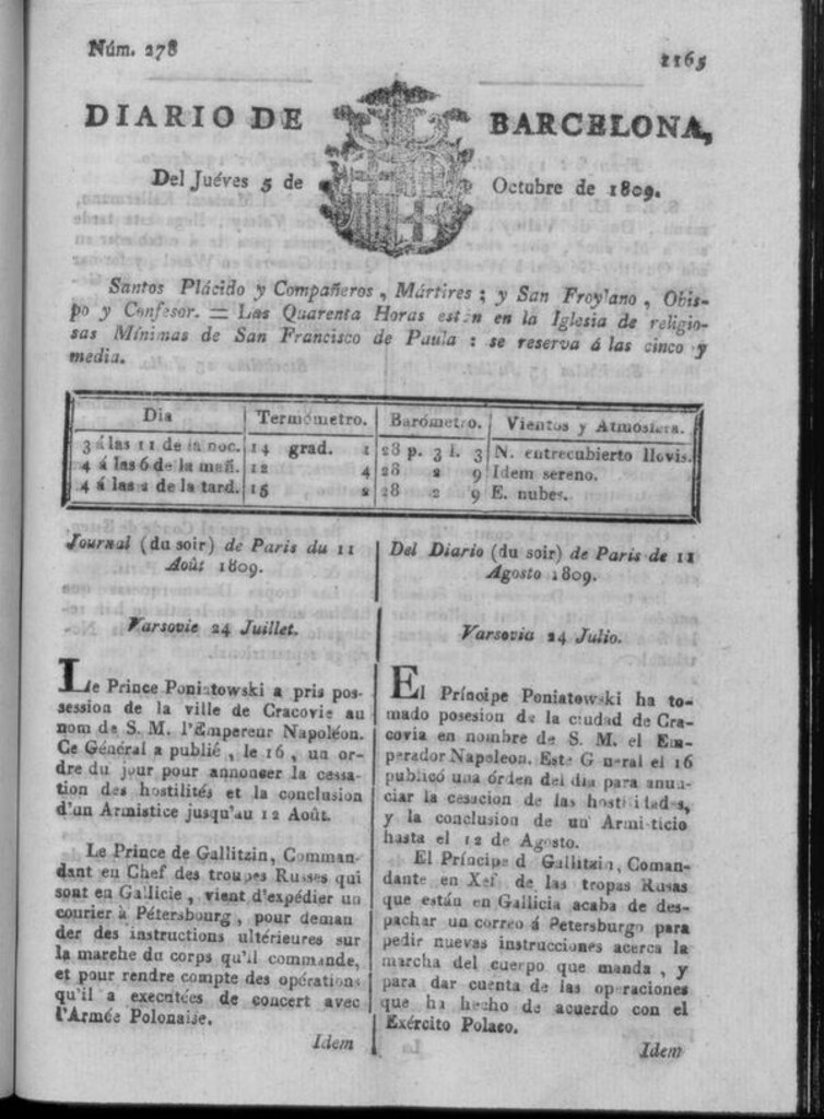 Miniatura de Diario de Barcelona del jueves 5 de octubre de 1809