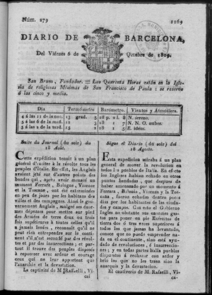Miniatura de Diario de Barcelona del viernes 6 de octubre de 1809