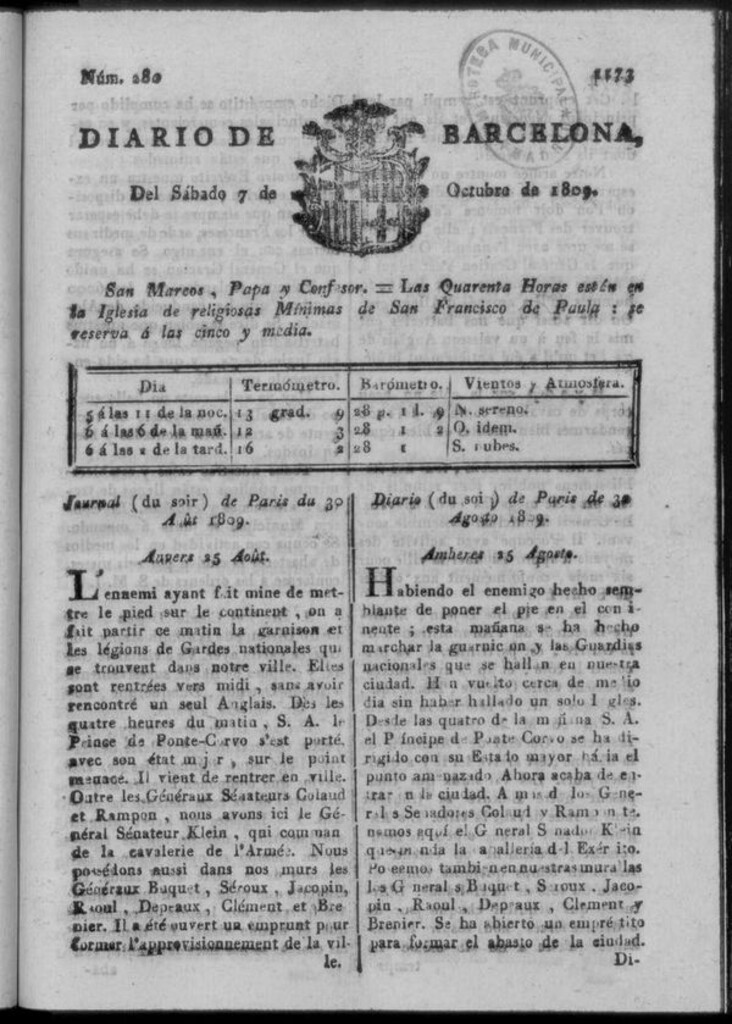 Miniatura de Diario de Barcelona del sábado 7 de octubre de 1809