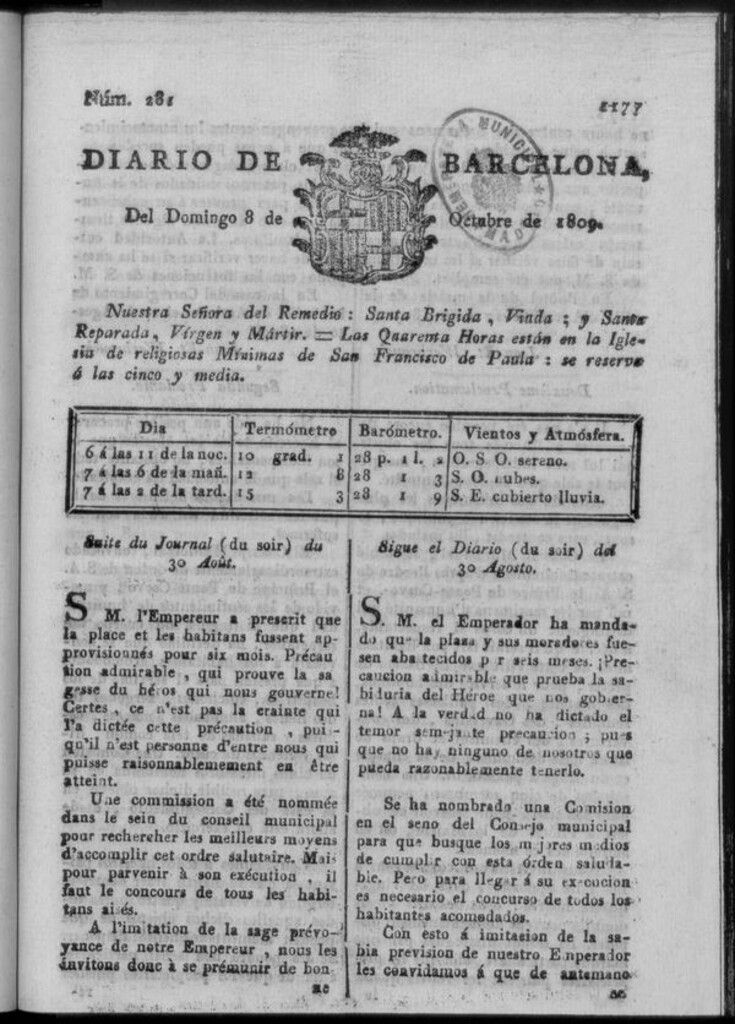 Miniatura de Diario de Barcelona del domingo 8 de octubre de 1809
