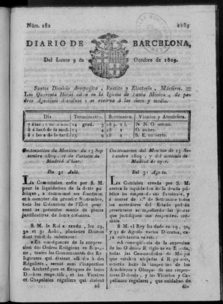 Miniatura de Diario de Barcelona del lunes 9 de octubre de 1809