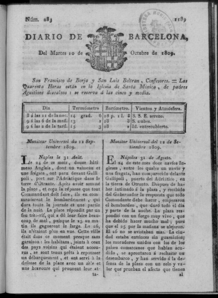 Miniatura de Diario de Barcelona del martes 10 de octubre de 1809