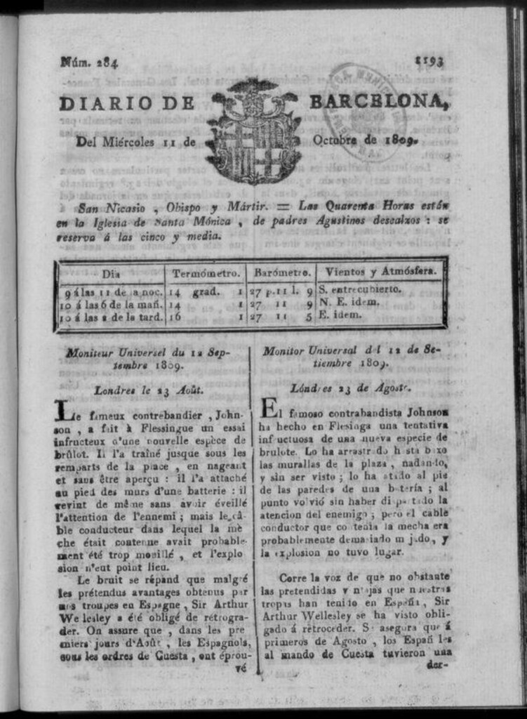 Miniatura de Diario de Barcelona del miércoles 11 de octubre de 1809