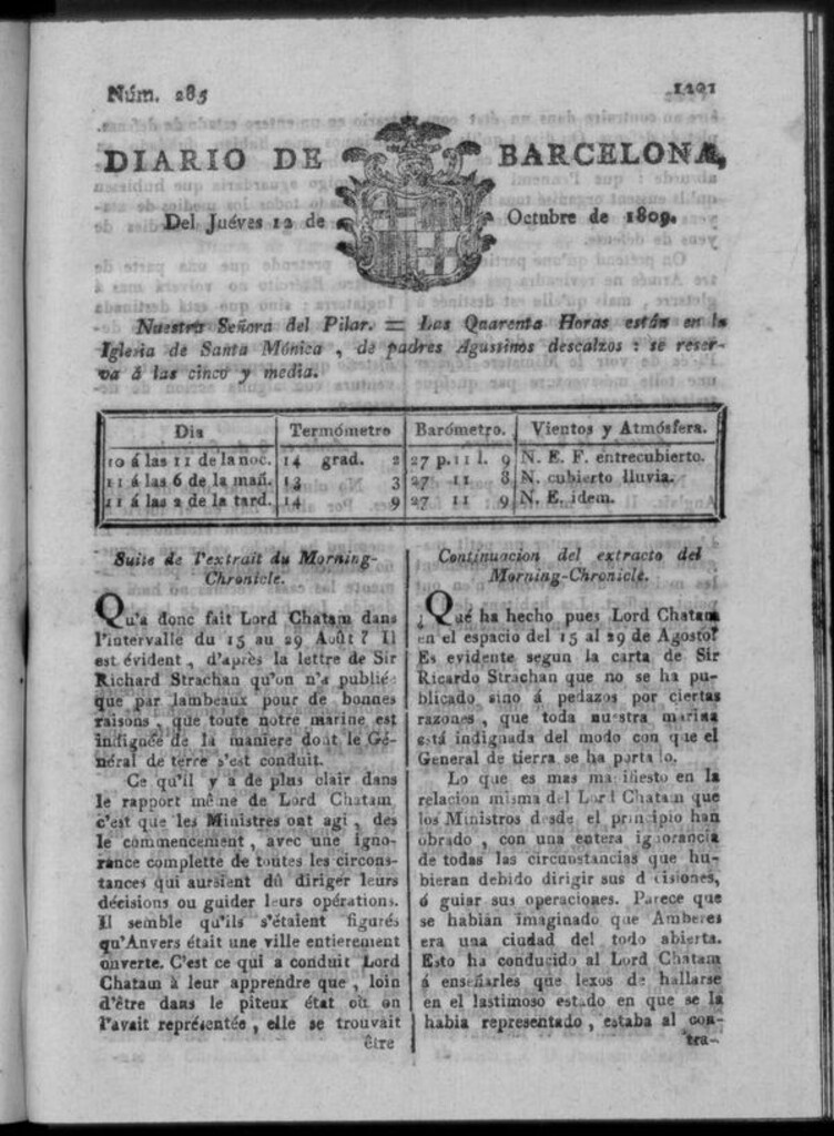 Miniatura de Diario de Barcelona del jueves 12 de octubre de 1809