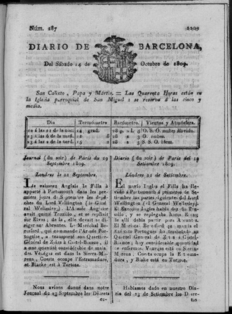 Miniatura de Diario de Barcelona del sábado 14 de octubre de 1809